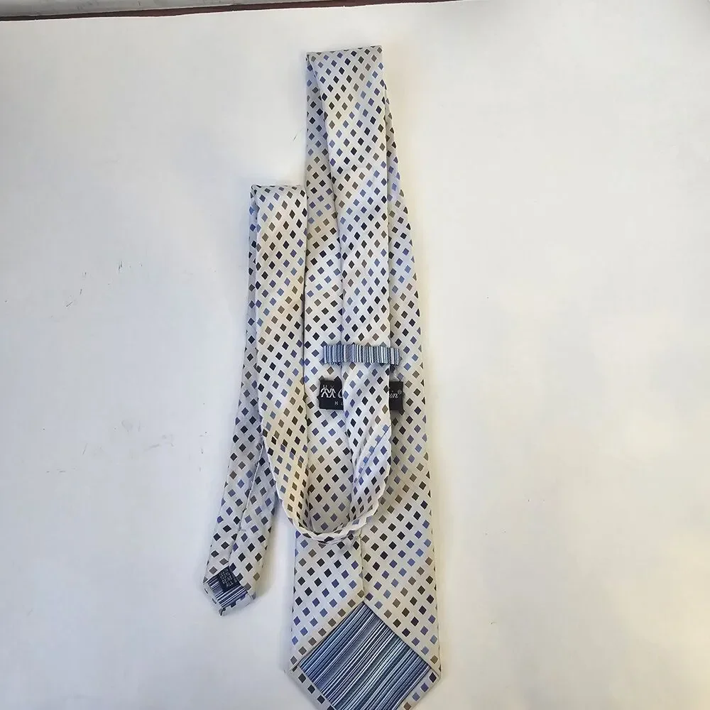 Mens Charles Wain Hand Made Silk Tie Cream Blue Hues Casual Preppy  R0337